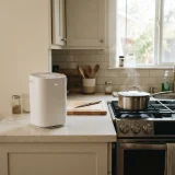 asset_cbf5e093fc0d05d8 Winix T500 air purifier on a kitchen counter beside a stove with a pan cooking