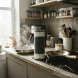SmokeGuard filter cartridge on a counter beside a steaming pan in a small apartment kitchen