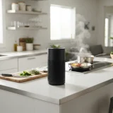 asset_cd8bf0f9f38eb2fa Carbon filter on an open-plan kitchen island with a chopping board and steam from a pan behind