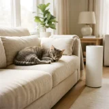 asset_cfad018fe04343d9 A cat resting on a sofa near a white air purifier in a bright living room.