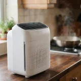 asset_d02515e8e0b232e5 Close view of the Winix T500 air purifier top air outlet releasing clean air in a kitchen