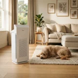 Winix Zero air purifier in a living room with a dog resting on a rug a few feet away