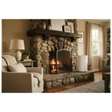 asset_d0ff44e9b91a8039 A living room with a stone fireplace and a plain air purifier standing nearby
