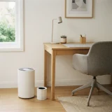 Compact air purifier and filter cartridge beside a home office desk