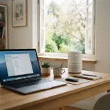 A laptop and small white air purifier on a desk beside an open window during pollen season.