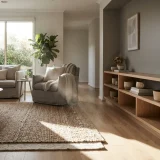 Open living room with sunlight showing dust in the air and a plain rug and shelves
