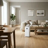 Air purifier running in a busy open-plan living area with a calendar on the wall