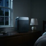 A Winix A230 air purifier on a bedroom dresser in moonlight with the room lamp turned off