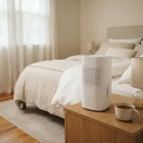 asset_e0119016be0c26d1 Winix T500 air purifier running on a nightstand in a tidy bedroom with the bed made