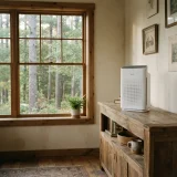 asset_e22876db84100faa Winix C610 air purifier on a wooden sideboard beside a window overlooking pine trees