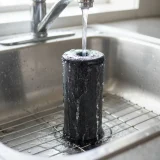 asset_e25c1e646751bd26 Black washable carbon filter under a stream of clear water in a stainless steel sink