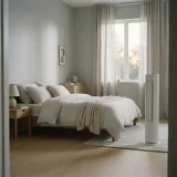 asset_e37ed6e3ff68bfb4 A tower air purifier running beside a made bed in a calm bedroom at dawn.