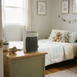 A Winix A230 air purifier on a low dresser in a child's bedroom with soft toys blurred behind