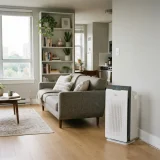 Winix 5520 air purifier on the floor of a small open-plan apartment living area