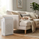 asset_f0c8faf134b2faf4 Winix C545 air purifier running beside a sofa where a cat rests on a cushion