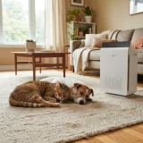 asset_f185cb017d26a7c1 A cat and a small dog resting on a rug near a Winix 9800 air purifier in a living room