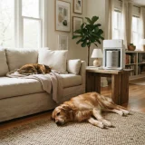 asset_f2216ad54f3f738b Cat on a sofa and dog on a rug in a living room near a Winix air purifier holding a Filter Z canister