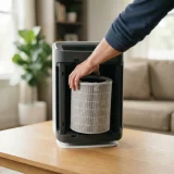 One adult hand seating a Winix Filter Z canister into the open rear housing of a Winix C610 air purifier