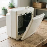 asset_f637442cbc96a88d An older plain air purifier with its filter compartment open on a wooden table