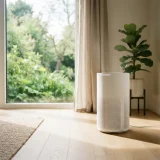 asset_f9fce3c8da4efed7 An air purifier running by a window with trees and spring pollen visible outside.