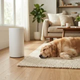 asset_fa1d9f2fee6dce34 A living room floor with a dog resting near a plain white air purifier